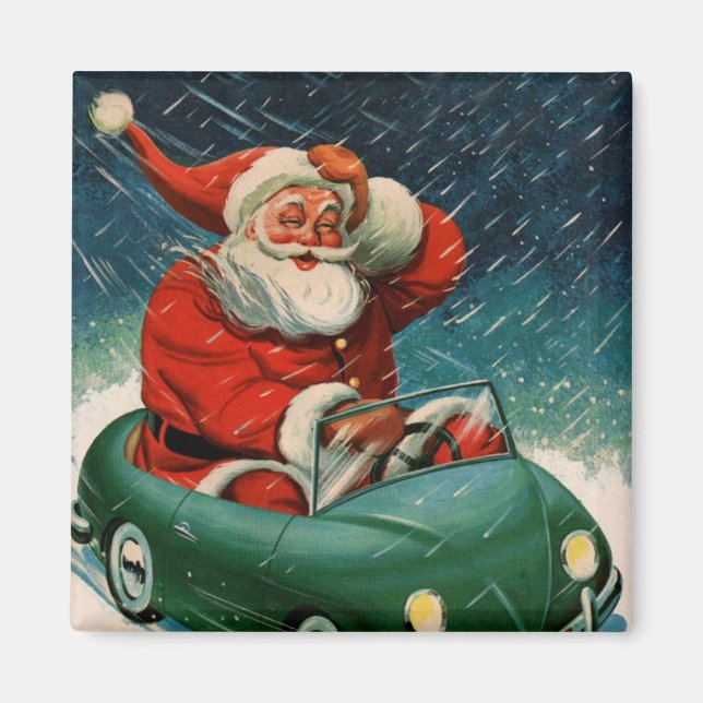Imã Natal Antigo, Papai Noel num Carro Fofo (Frente)