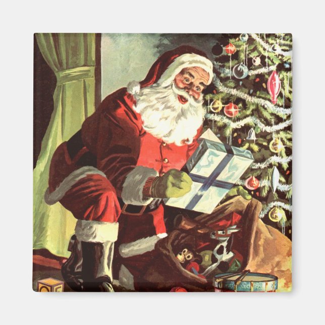 Imã Natal Antigo, Papai Noel Retro com Presentes (Frente)