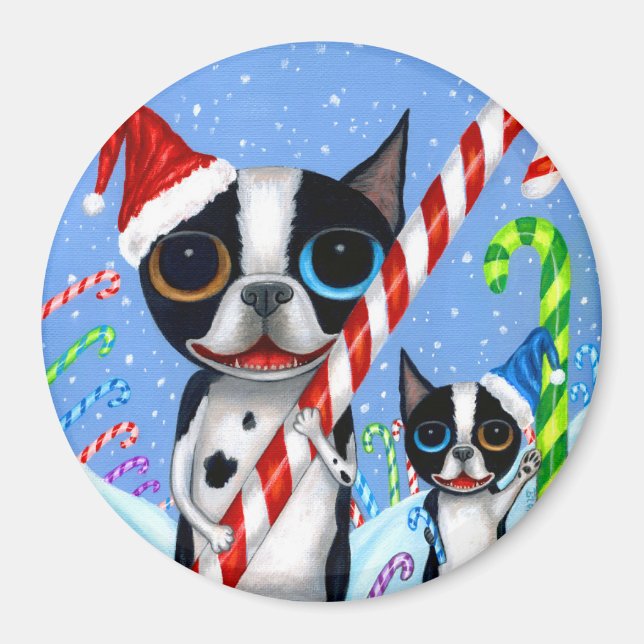 Imã Natal Boston Terrier Cogs Candy Cane Santa Hat (Frente)