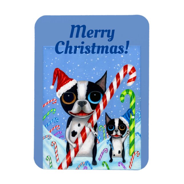 Ímã Natal Boston Terrier Cogs Candy Cane Santa Hat (Vertical)