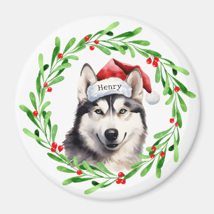 Imã Natal Cachorro Siberian Husky Santa Hat Holiday