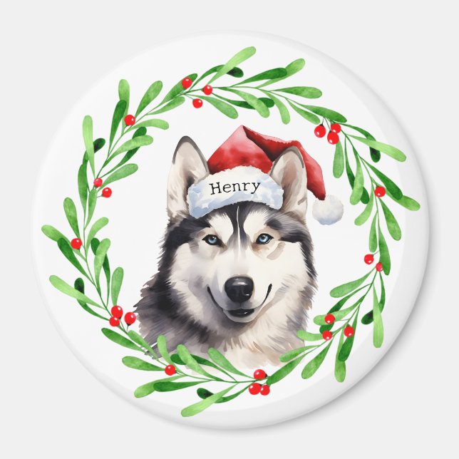 Imã Natal Cachorro Siberian Husky Santa Hat Holiday (Frente)
