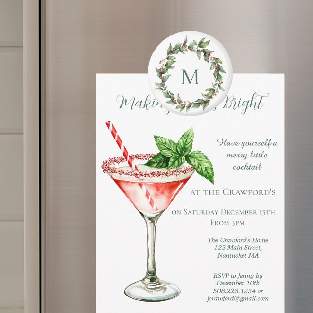 Imã Natal com Monograma de Azevinho Vermelho  (Holly Wreath Magnet)