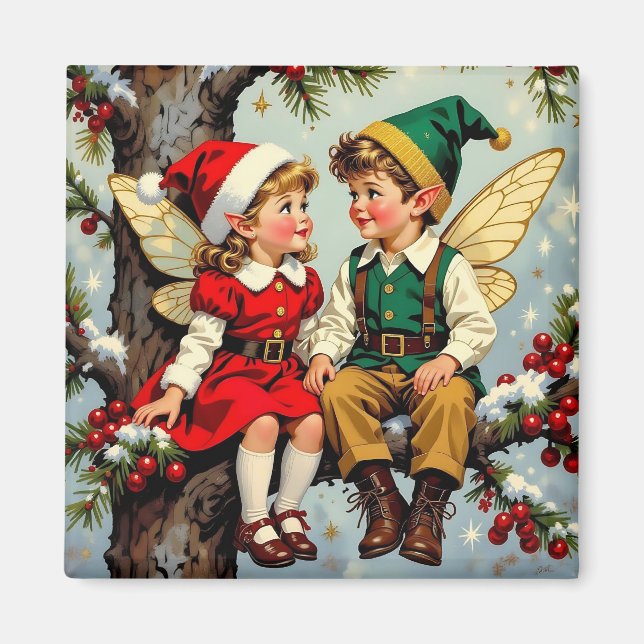 Imã Natal de Crianças Fadas Elficas Vintage  (Frente)