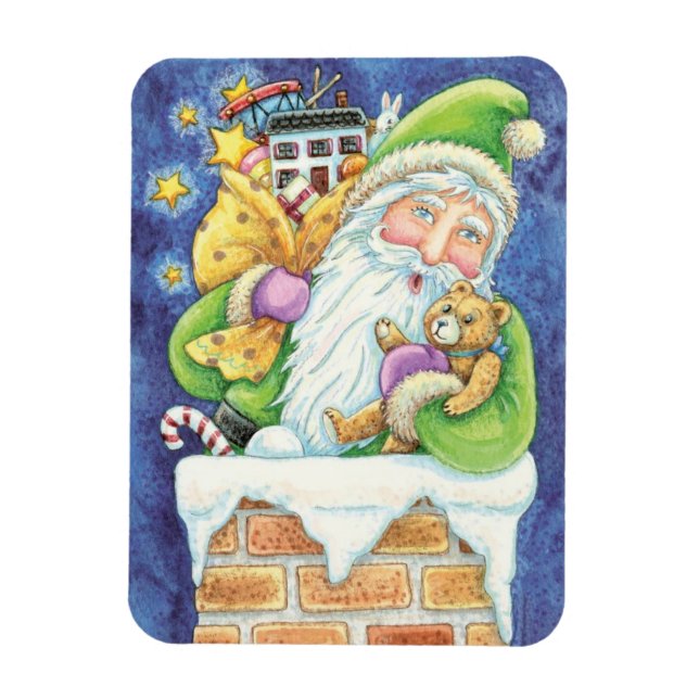 Ímã Natal Fofo, Papai Noel na Chaminé com Brinquedos (Vertical)