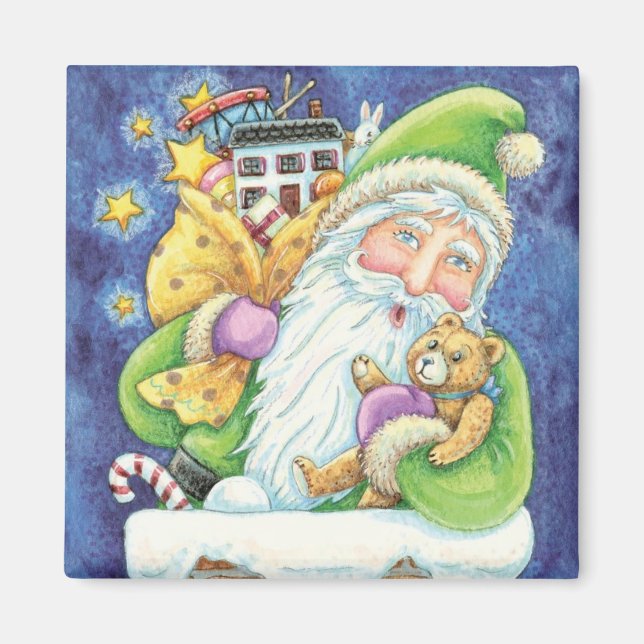 Imã Natal Fofo, Papai Noel na Chaminé com Brinquedos (Frente)