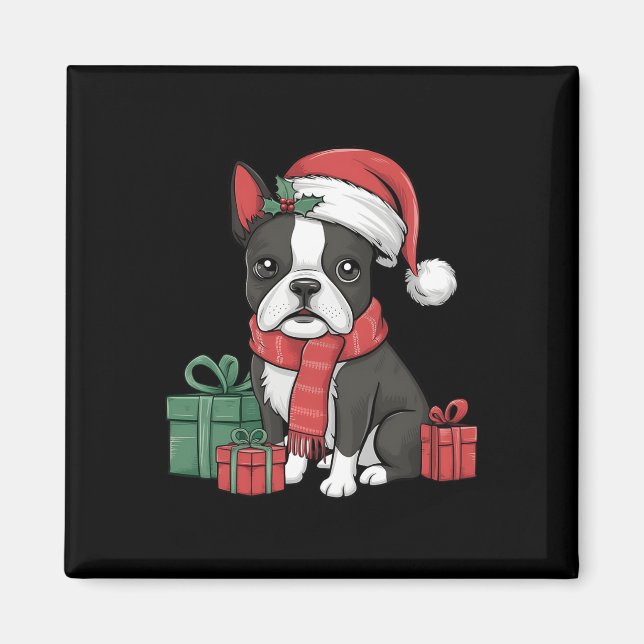Imã Natal Holiday Santa Hat Boston Terrier Dog Natal (Frente)