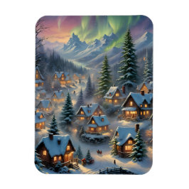 Ímã Natal numa aldeia montanhosa, luzes polares,