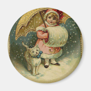 Imã Natal retro da criança e do gato do vintage do