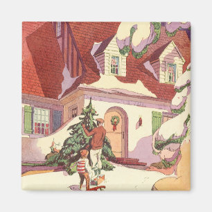Imã Natal vintage, casa da família na neve