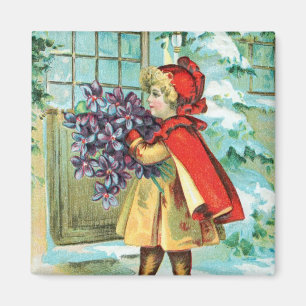 Imã Natal vintage menina & violetas