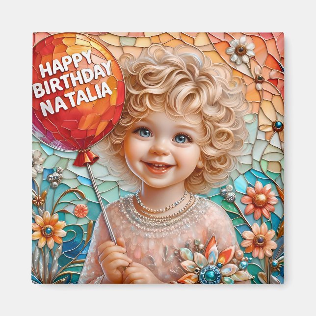 Imã NATALIA~ Happy Birthday ~ Cute Girl Balloon ~  (Frente)