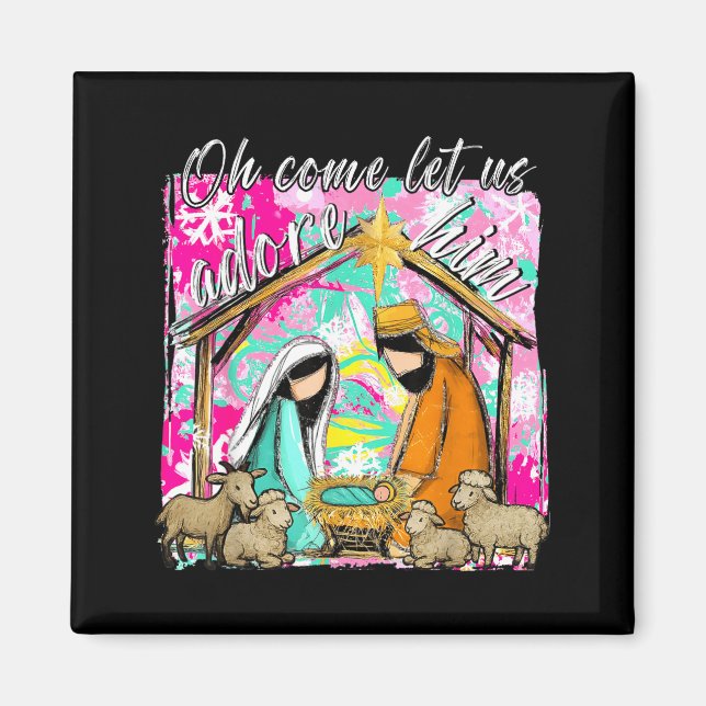 Imã Nativity Scene Oh Come Let Us Adore Him Christmas  (Frente)