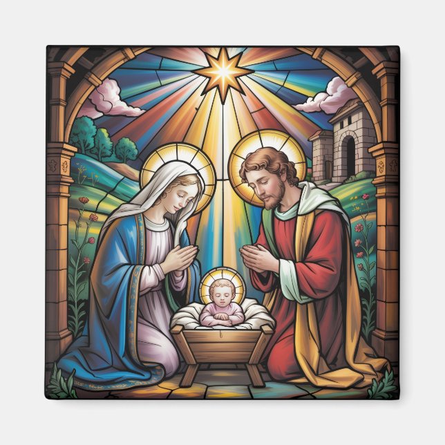 Imã Nativity Stained Glass Art – Holy Family Christmas (Frente)