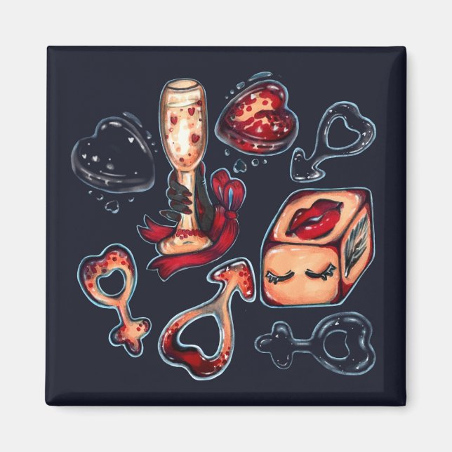 Imã Naughty Dice & Champagne Adult Humor Dark Romance  (Frente)