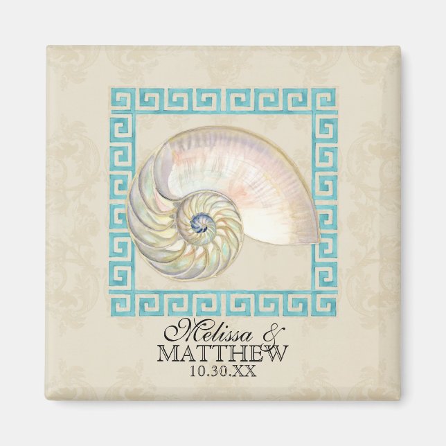 Imã Nautilus Shell Watercolor Grego Key Damask Beach (Frente)