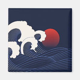 Imã Navy Blue Wave with Red Moon Hand Drawn
