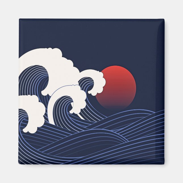 Imã Navy Blue Wave with Red Moon Hand Drawn (Frente)