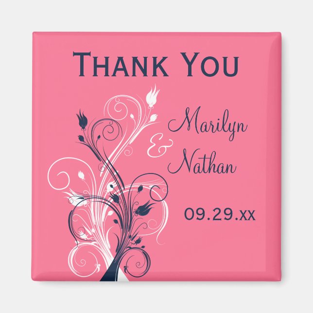 Imã Navy Pink White Floral Wedding Favor Magnet (Frente)