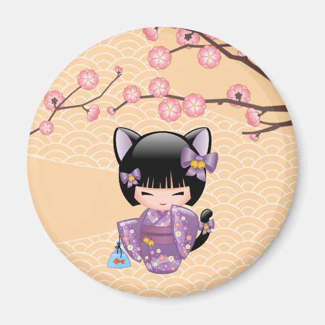 Imã Neko Kokeshi Doll - Cat Ears Geisha Girl (Frente)