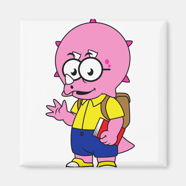 Imã Nerd Tricerátops Com Mochila E Livro De Texto. (Frente)