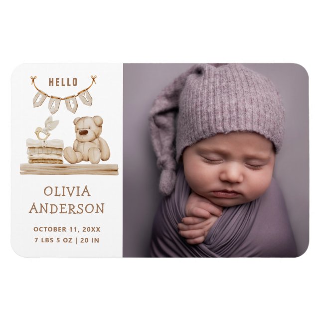 Ímã Neutral Photo Birth Announcement | Boho Teddy Bear (Horizontal)