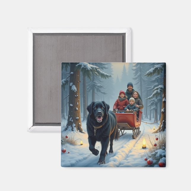Imã Newfoundland Dog Snowy Sleigh Ride Christmas (Front/Back)
