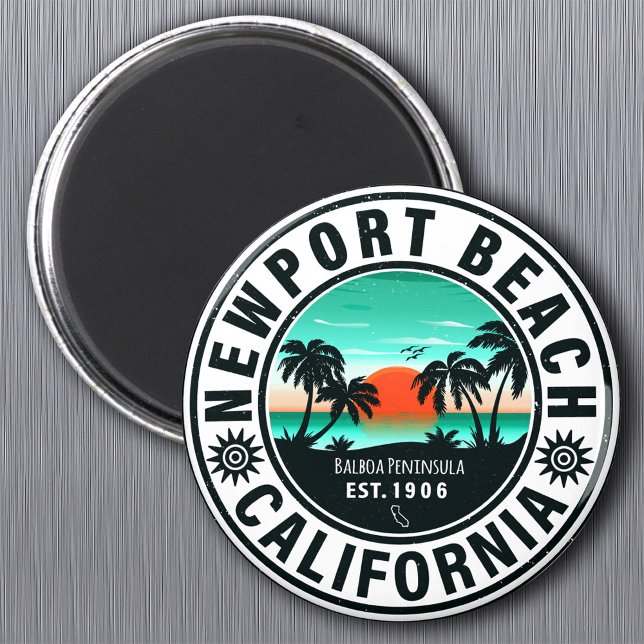 Imã Newport Beach California Retro Sunset Vacation 80s (Criador carregado)