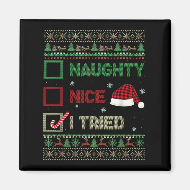 Imã Nice Naughty I Tried Ugly Sweater Red Plaid Christ (Frente)