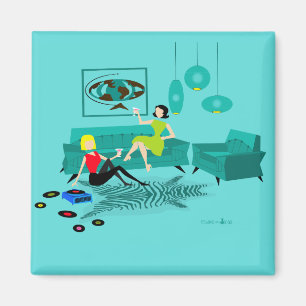 Imã Noite da Rapariga Retro em Magneta Quadrada