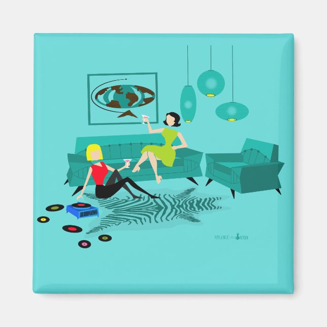 Imã Noite da Rapariga Retro em Magneta Quadrada (Frente)