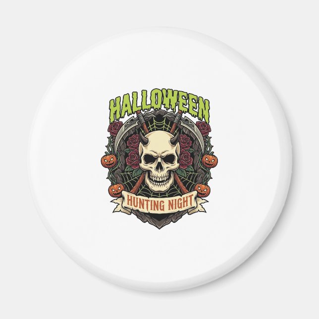 Imã Noite de Caça de Halloween Rosas de Caveira Cornud (Frente)