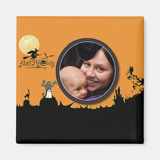 Imã Noite de Dia das Bruxas em Laranja, adicione sua f (Frente)