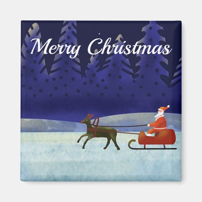 Imã Noite de Natal Azul Pintada com Santa e Reindeer (Frente)