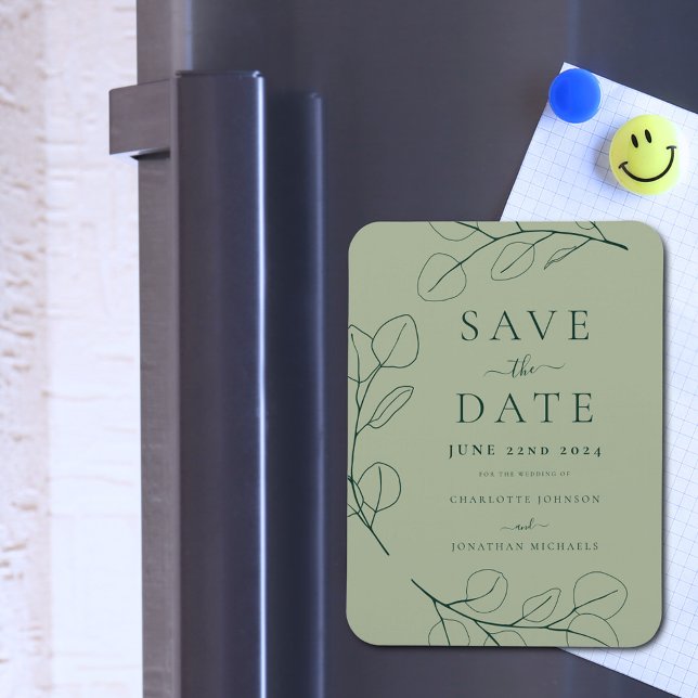Ímã Noiva Simples Moderna com Folhagem Verde Salvia Ca (Minimalist leaves Stylish typography sage green wedding save the date invitation magnet)
