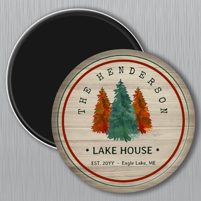 Imã Nome da família Lago House Pine Tree Personalizado (Criador carregado)