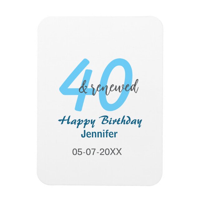 Ímã nome data azul 40º & renovado número em negrito (Vertical)