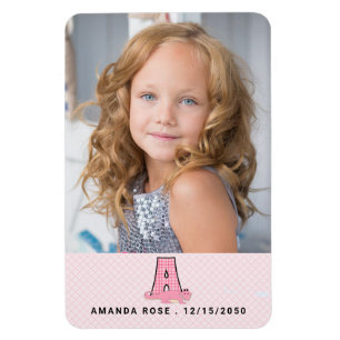 Ímã Nome Data e Monograma A Crianças Alligador Rosa Fo