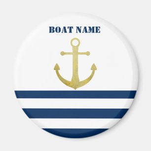 Imã Nome de Barco Náutico, Âncora Dourada Listras Azul