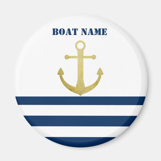 Imã Nome de Barco Náutico, Âncora Dourada Listras Azul (Frente)