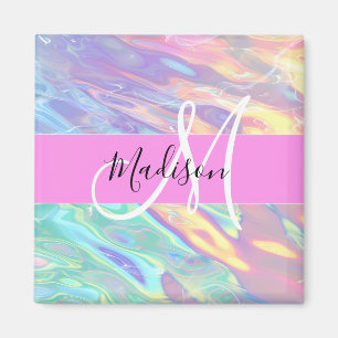 Imã Nome de Monograma Holográfico Iridescente Rosa Fem