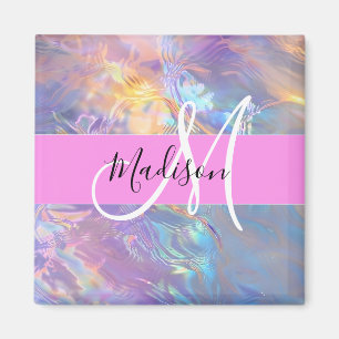 Imã Nome de Monograma Iridescente Holográfico Rosa Fem