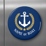 Imã Nome do barco Ancorar Estilo Dourado Laurel Star M<br><div class="desc">Um ímã redondo personalizado com o nome do barco,  o nome da família ou outro texto desejado,  conforme necessário. Apresentando uma âncora náutica personalizada,  folhas com riso de ouro e emblema de estrela em azul-marinho ou ajustando facilmente a cor primária para corresponder ao seu tema atual.</div>