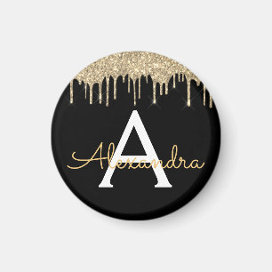 Imã Nome do Monograma do Glam Glitter Preto Dourado