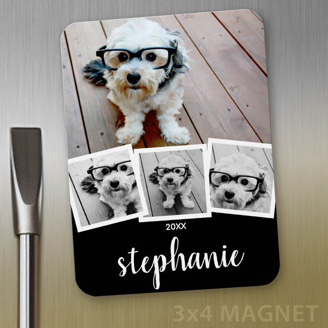 Ímã Nome do Script de Colagem de 4 Fotos na Moda Branc (Personalized fridge magnet - add photos and custom text)