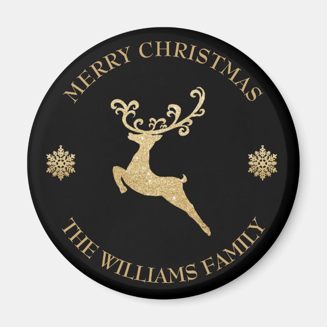 Imã Nome Dourado Glitter Reindeer Feliz Natal (Frente)
