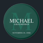 Imã Nome e monograma dos Padrinhos de casamento person<br><div class="desc">Adicione um toque pessoal ao seu casamento com um imã de padrinhos de casamento personalizado. Este ímã apresenta o nome de padrinho de casamento personalizado com título e data de casamento em branco e monograma em verde-esmeralda claro como fundo, no estilo serif clássico, em fundo verde-esmeralda. Também perfeito para o...</div>