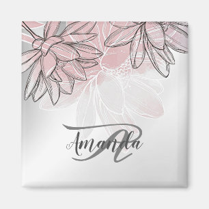 Imã Nome Monograma Flores Brancas Rosa Aquarela Prata