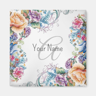 Imã Nome Monograma Moldura Floral Colorida Elegante Mo