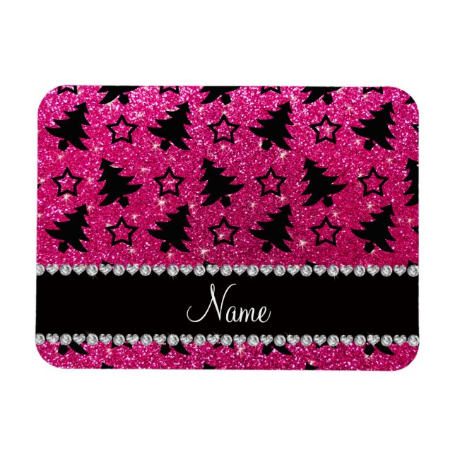 Ímã Nome neon hot rosa brilha estrelas de natal (Horizontal)